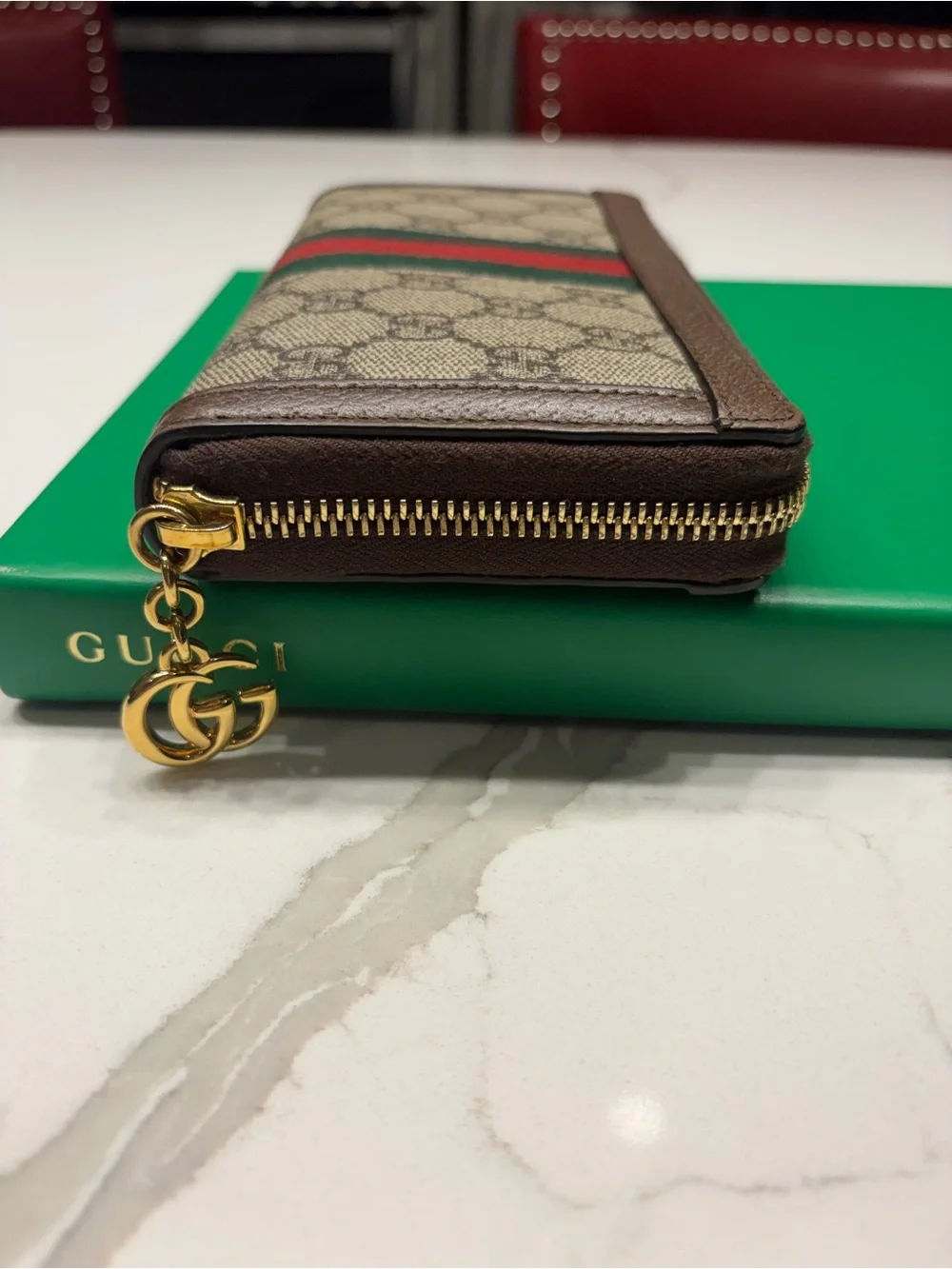 Gucci Ophidia GG Supreme Zip Around Wallet with Web Stripe & Gold Hardware